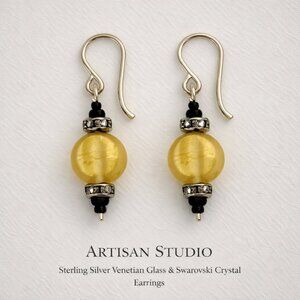 Artisan Sterling Silver Swarovski Crystal 24K Gold Lined Venetian Glass Earrings